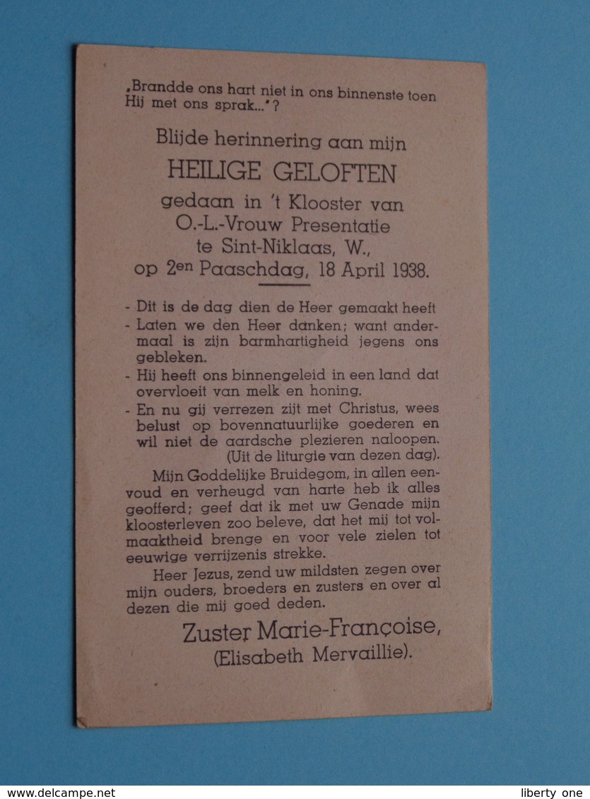 HEILIGE GELOFTEN Zuster Marie-Françoise ( Mervaillie ) Klooster O.L.Vrouw Presentatie St. Niklaas ( 1938 ) ! - Religion & Esotérisme