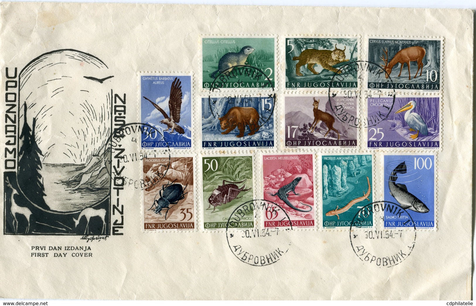 YOUGOSLAVIE ENVELOPPE PREMIER JOUR DES N°643/654 FAUNE (LYNX, OURS BRUN, GYPAETE BARBU, TRUITE,.) OBL DUBROVNIK 30 VI 54 - FDC