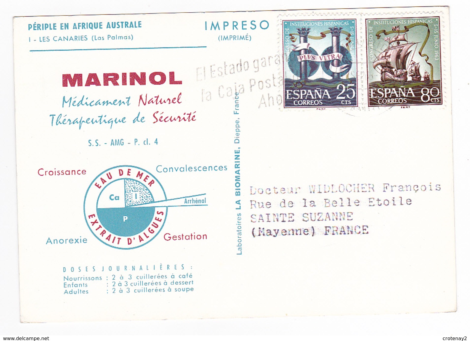 Espagne Les Canaries Las Palmas VOIR DOS PUB Marinol Labo La Biomarine Dieppe En 1963 Timbres - La Palma