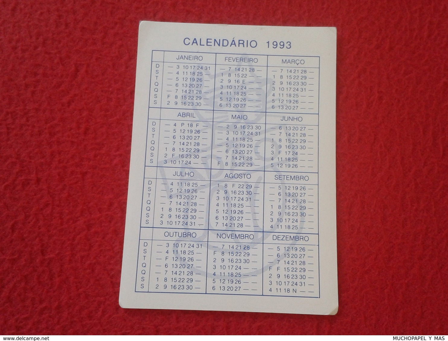 CALENDARIO DE BOLSILLO MANO PORTUGAL PORTUGUESE CALENDAR 1993 ADAO OCULISTA CENTRO ABESTECEDOR OPTICA OPTIC ÓPTICO...VER - Tamaño Pequeño : 1991-00