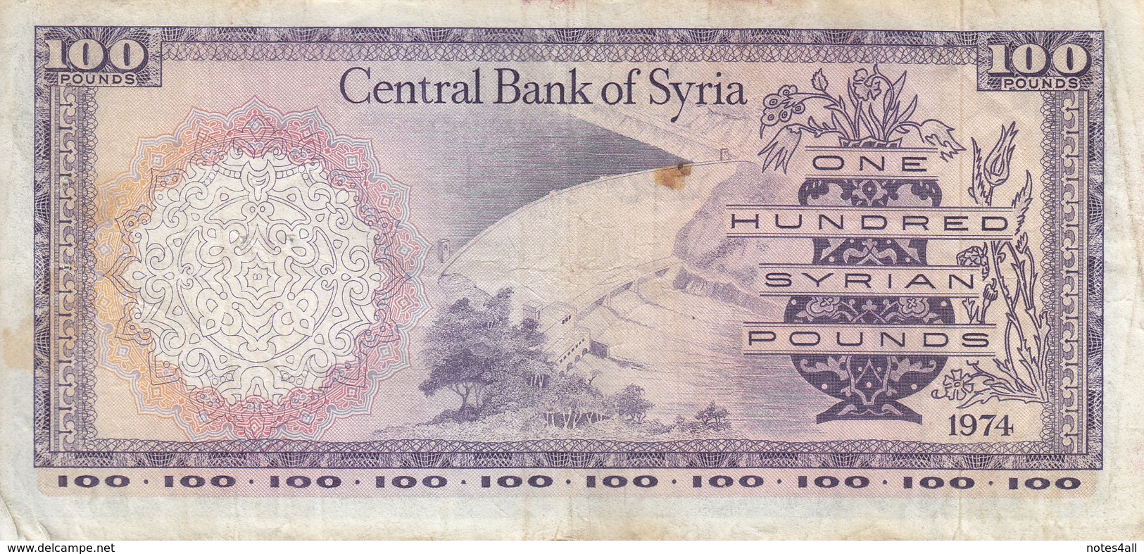 SYRIA 100 LIRA POUNDS 1974 P-98 VF Still CRISP . Pin Hols */* - Syria