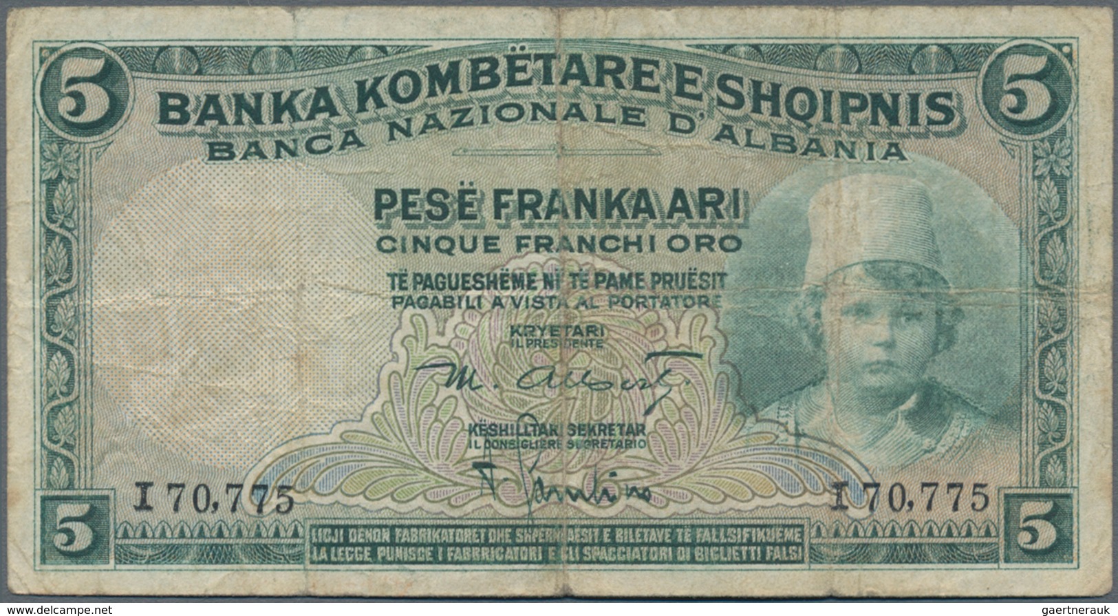 Albania / Albanien: Pair With 5 And 20 Franka Ari ND(1926), P.2a, 3a In About F Condition. (2 Pcs.) - Albania