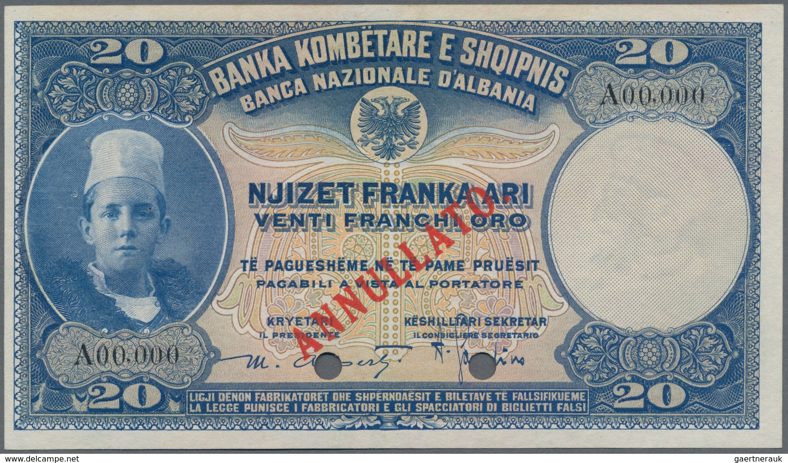 Albania / Albanien: Banca Nazionale D'Albania 20 Franka Ari ND(1926) SPECIMEN, P.3s, Almost Perfect - Albania