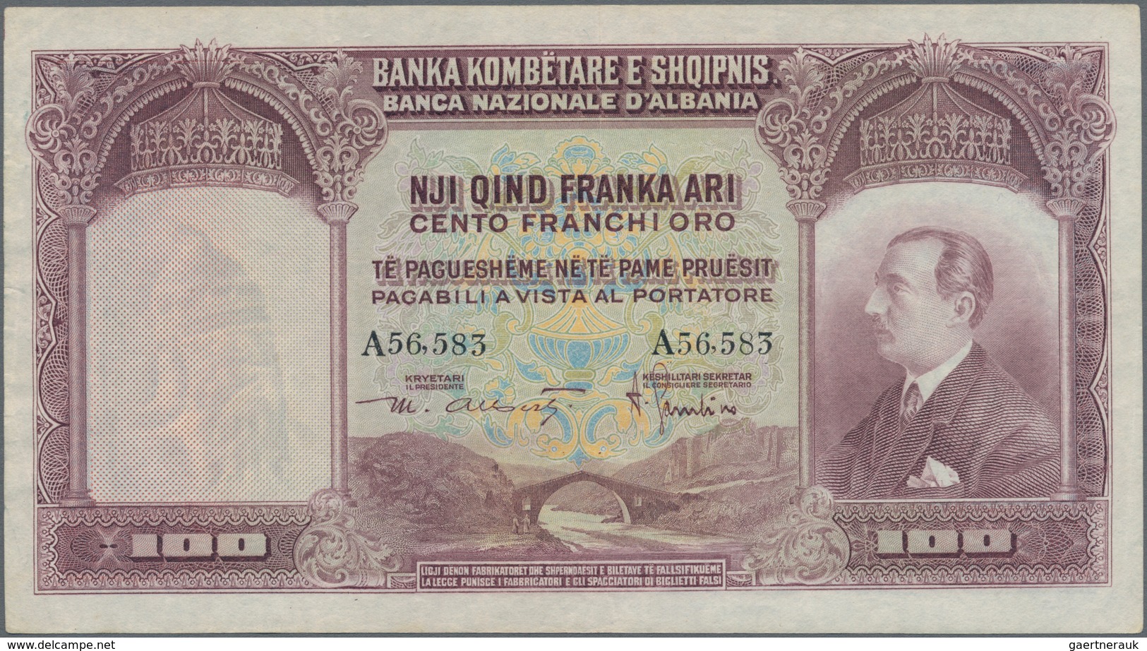 Albania / Albanien: 100 Franka Ari ND(1926), P.4, Great Original Shape With A Few Minor Creases At R - Albanië