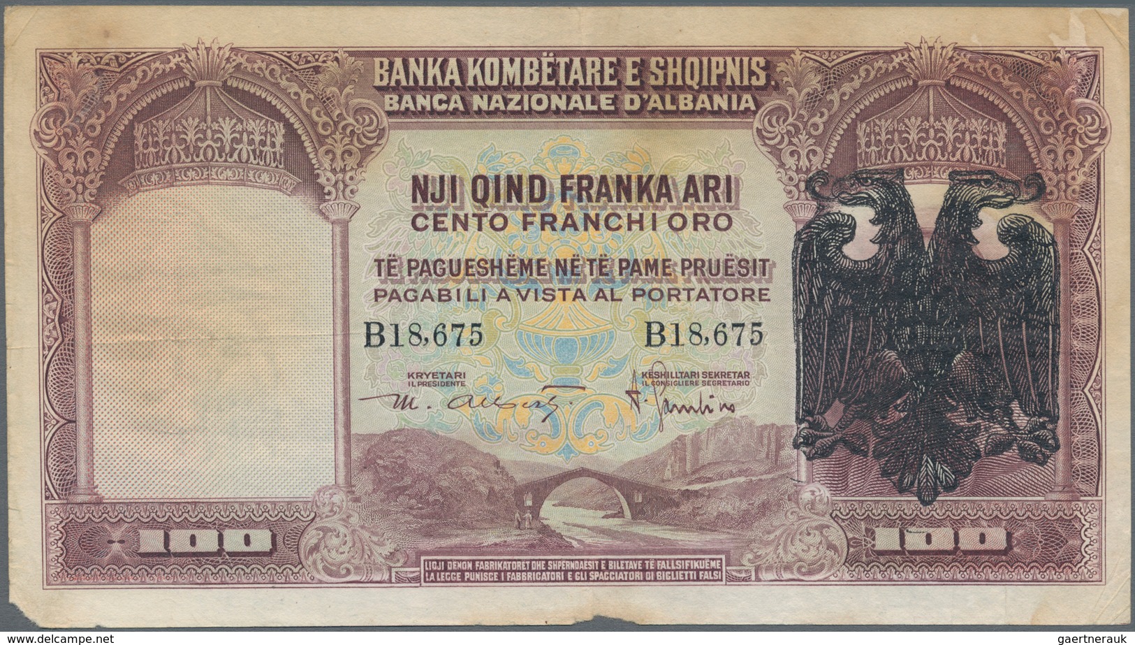 Albania / Albanien: 100 Franka Ari ND(overprint 1939), P.5, Lightly Toned Paper, Margin Split And Ti - Albanien