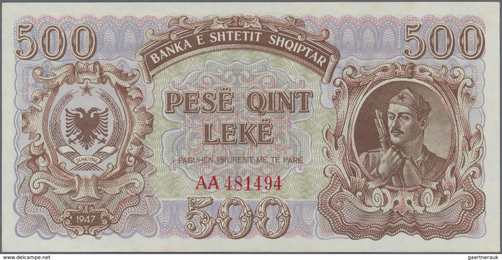 Albania / Albanien: 1947 "Soldier" Lek Issue with 10, 50, 100, 500 and 1000 Lek, P.19-23 in UNC cond