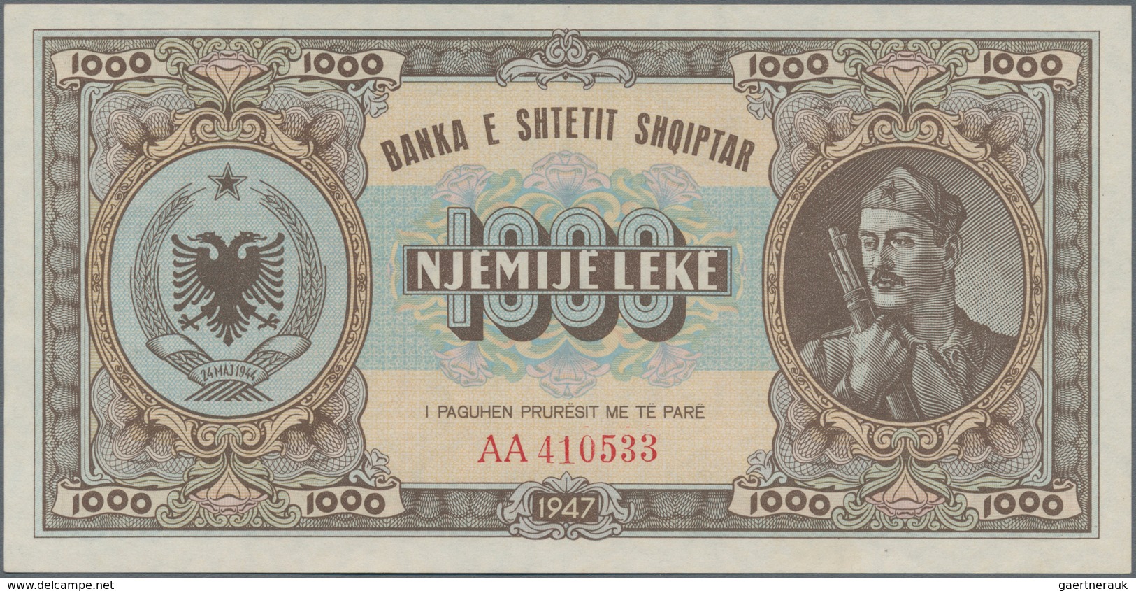 Albania / Albanien: 1947 "Soldier" Lek Issue with 10, 50, 100, 500 and 1000 Lek, P.19-23 in UNC cond