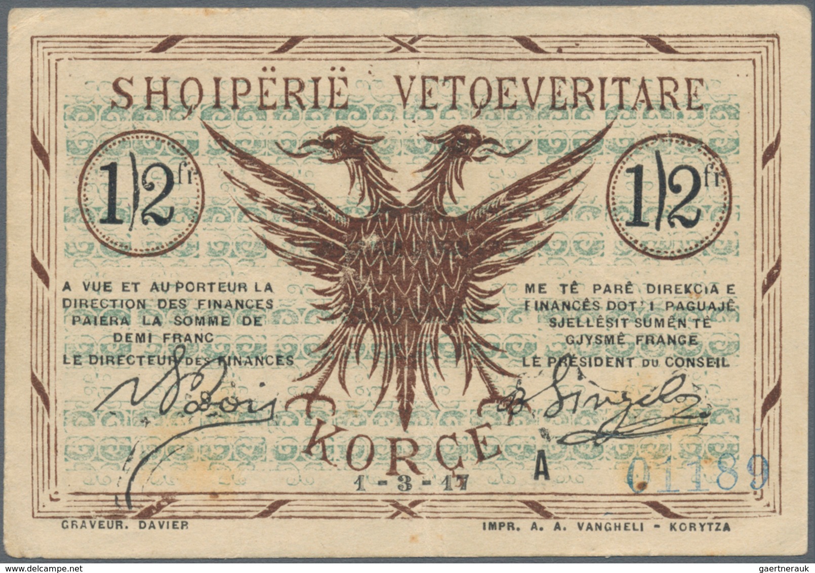 Albania / Albanien: Pair With 1/2 And 1 Frange 1917 Of The Albanian Self Government, P.S141a, S142b, - Albanië