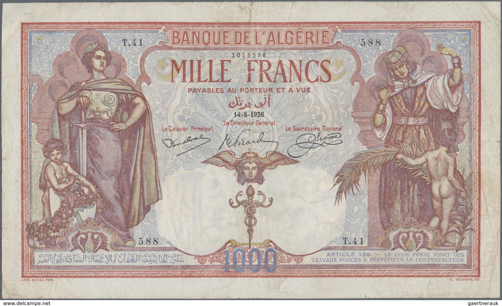 Algeria / Algerien: Banque De L'Algérie 1000 Francs 1926, P.83, Very Nice And Great Condition For Th - Algeria