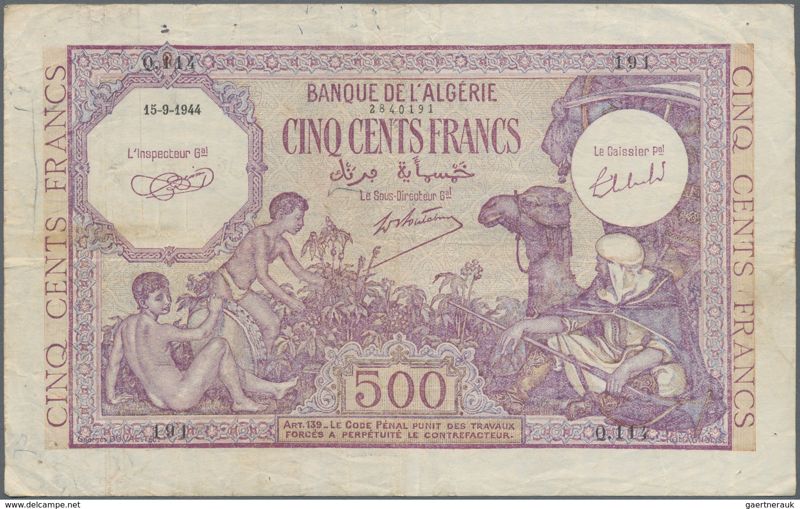 Algeria / Algerien: Banque De L'Algérie 1000 Francs 1942 P.86 (F) And 500 Francs 1944 P.95 (F/F+ Wit - Algerien