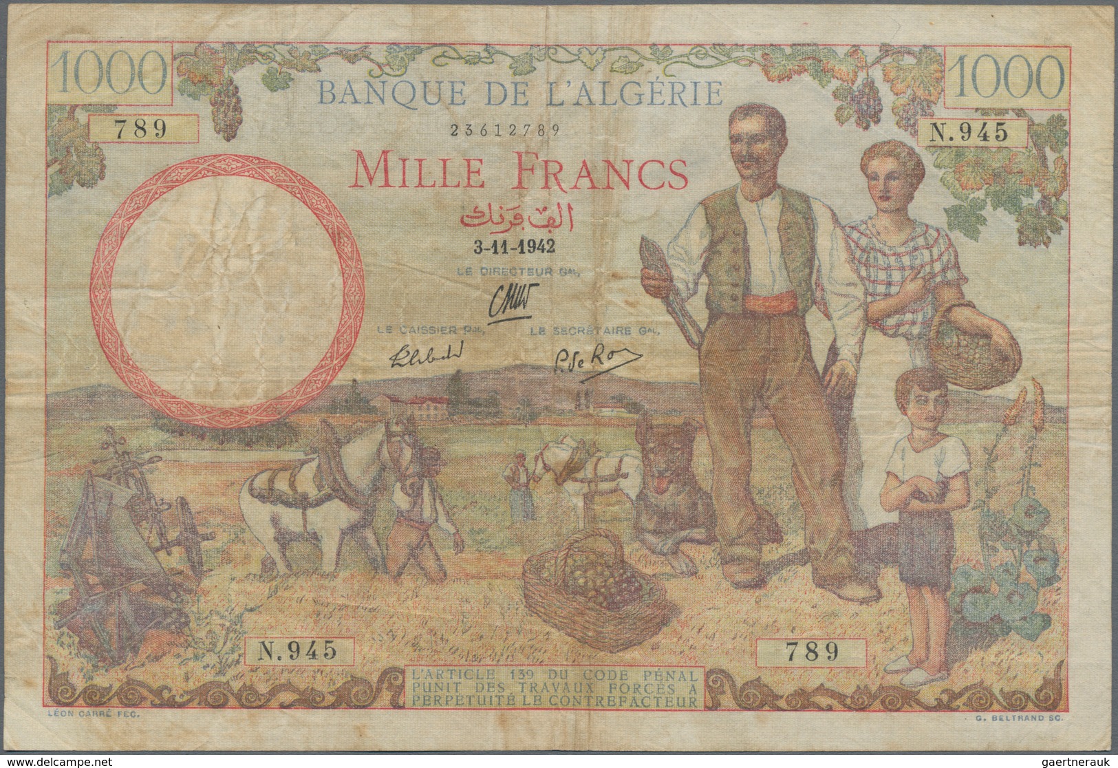 Algeria / Algerien: Banque De L'Algérie 1000 Francs 1942 P.86 (F) And 500 Francs 1944 P.95 (F/F+ Wit - Algeria