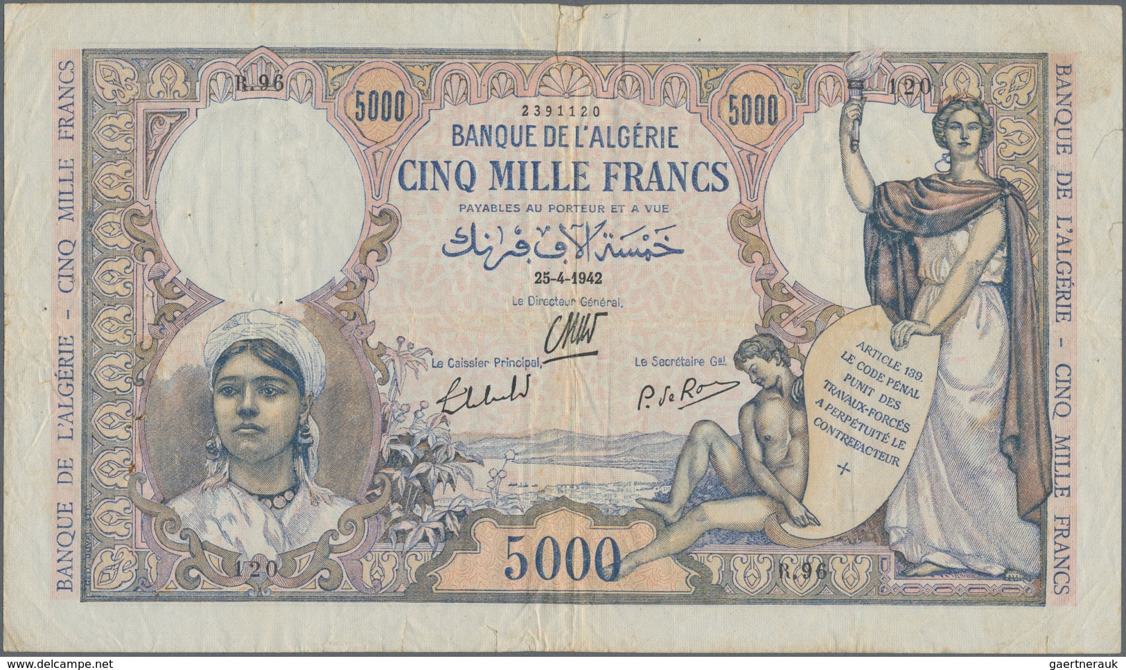 Algeria / Algerien: Banque De L'Algérie 5000 Francs 1942, P.90, Still Nice With A Number Of Pinholes - Argelia