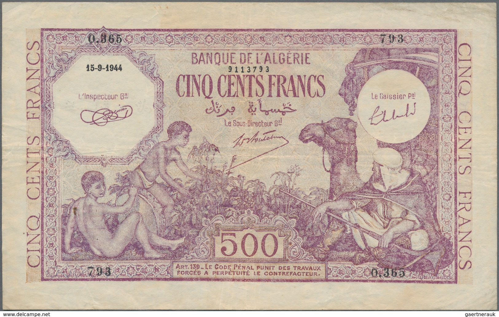 Algeria / Algerien: 500 Francs 1944, P.95, Some Folds And Tiny Pinholes At Left, Condition: F+/VF - Argelia
