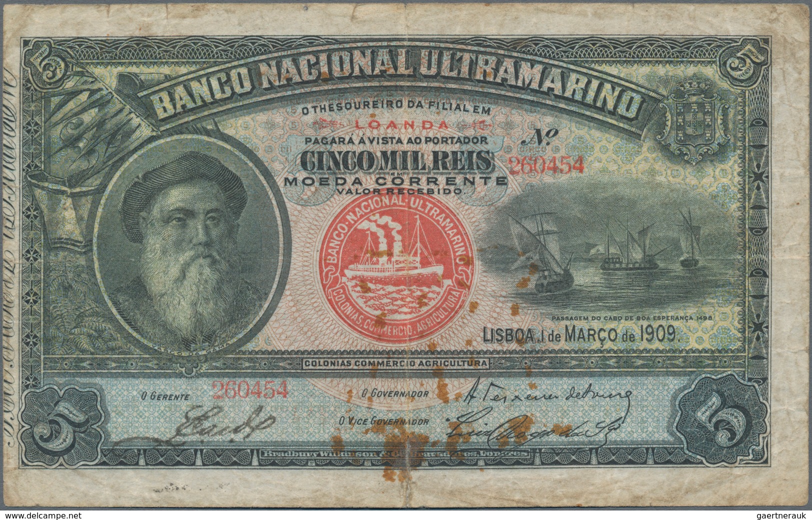 Angola: 5 Mil Reis 1909, P.32, Rusty Spots, Taped Tear, Condition: F. Highly Rare! - Angola