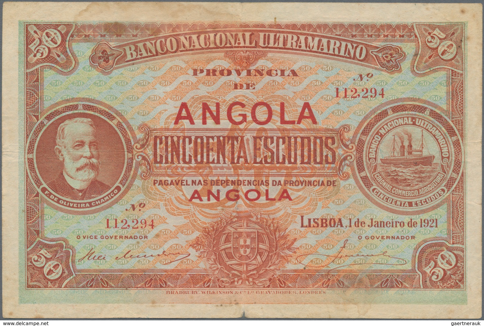 Angola: Banco Nacional Ultramarino - Provincia De Angola 50 Escudos 1921, P.60, Lightly Stained, Mar - Angola