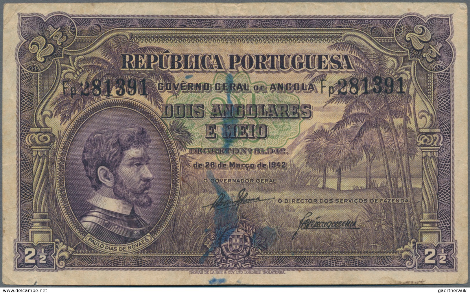 Angola: 2 1/2 Angolares 1942, P.69, Ink Stains, Lightly Toned And A Few Folds. Condition: F/F+ - Angola