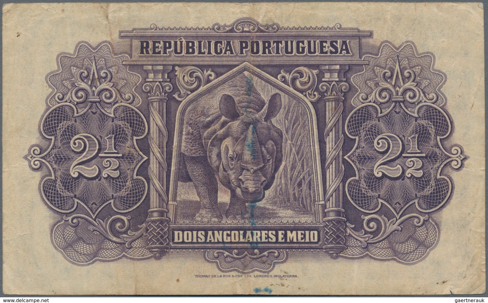 Angola: 2 1/2 Angolares 1942, P.69, Ink Stains, Lightly Toned And A Few Folds. Condition: F/F+ - Angola