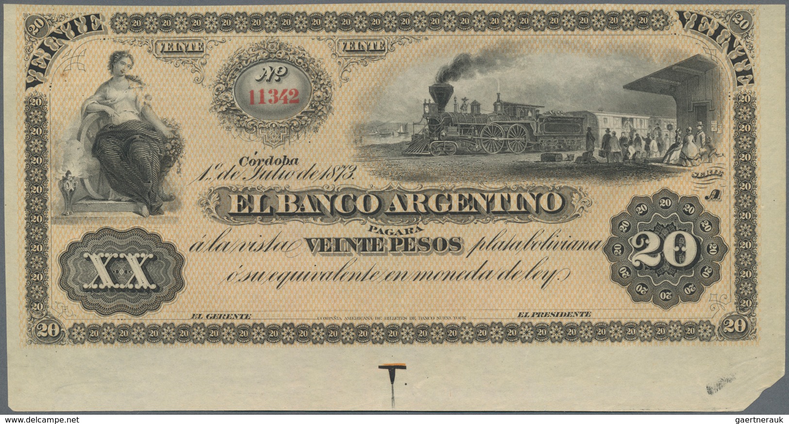 Argentina / Argentinien: El Banco Argentino, Cordoba Issue, 20 Pesos 1873 Unissued Remainder, P.S148 - Argentinien