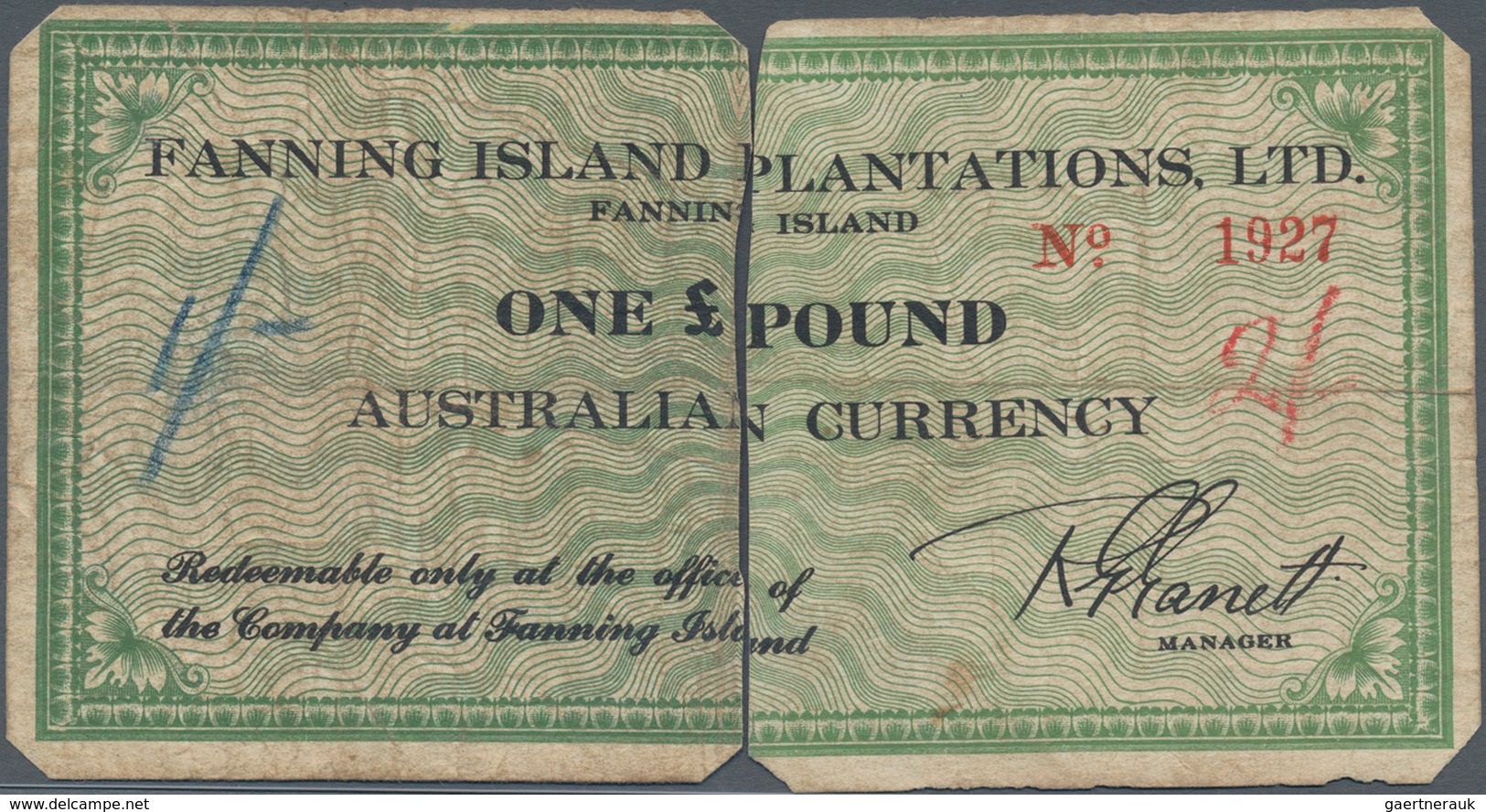 Australia / Australien: Fanning Islands Left And Right Half Of The 1 Pound ND(1942), P.NL (SB1541) W - Sonstige & Ohne Zuordnung