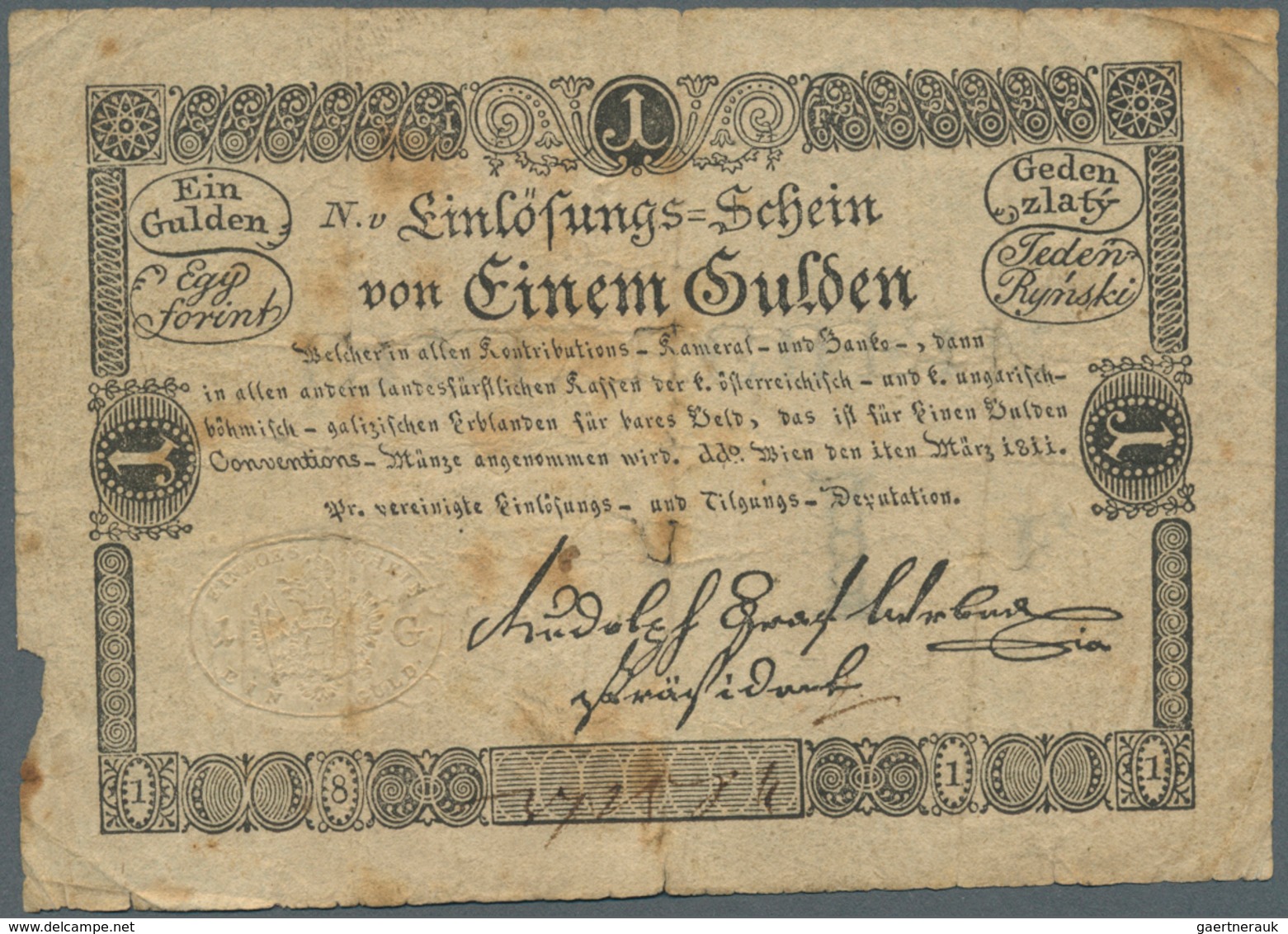 Austria / Österreich: Privilegierte Vereinigte Einlösungs- Und Tilgungs-Deputation 1 Gulden 1811, P. - Austria