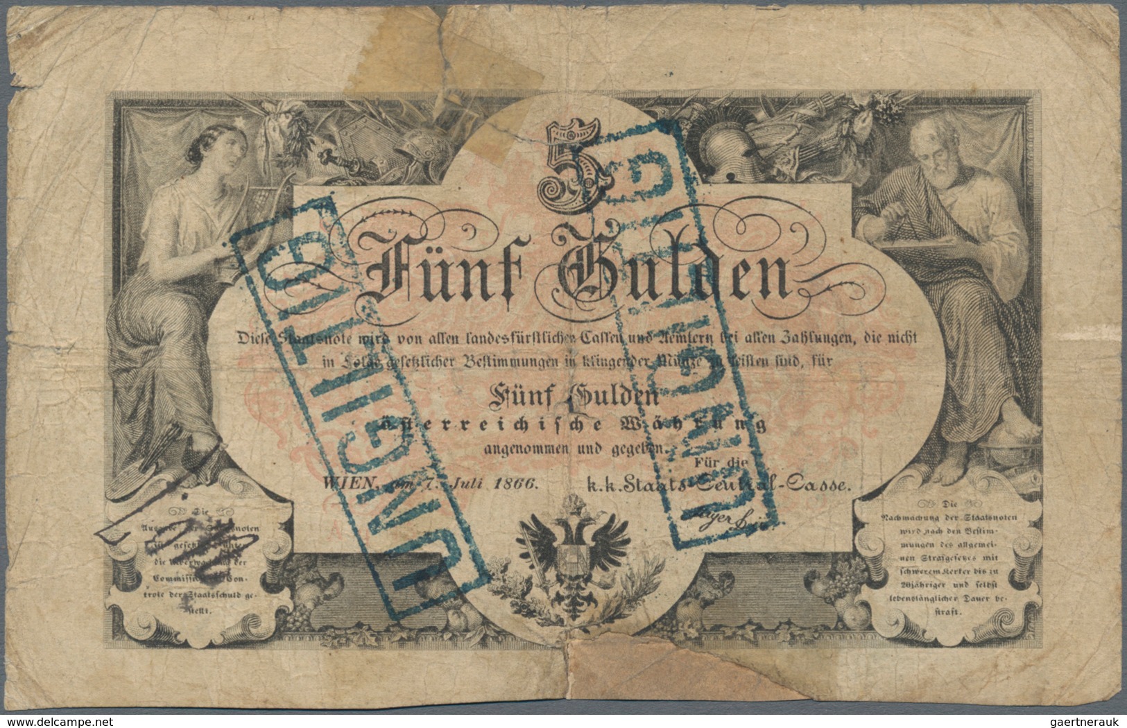 Austria / Österreich: 1 Gulden 1858 P.A84 (F+) And 5 Gulden 1866 P.A151 (F-). (2 Pcs.) - Oesterreich