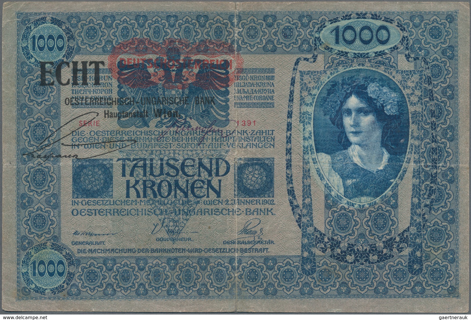 Austria / Österreich: 1000 Kronen 1902 (1919) With Stamp "Note Echt, Stempel Falsch" P.57b (XF) And - Austria