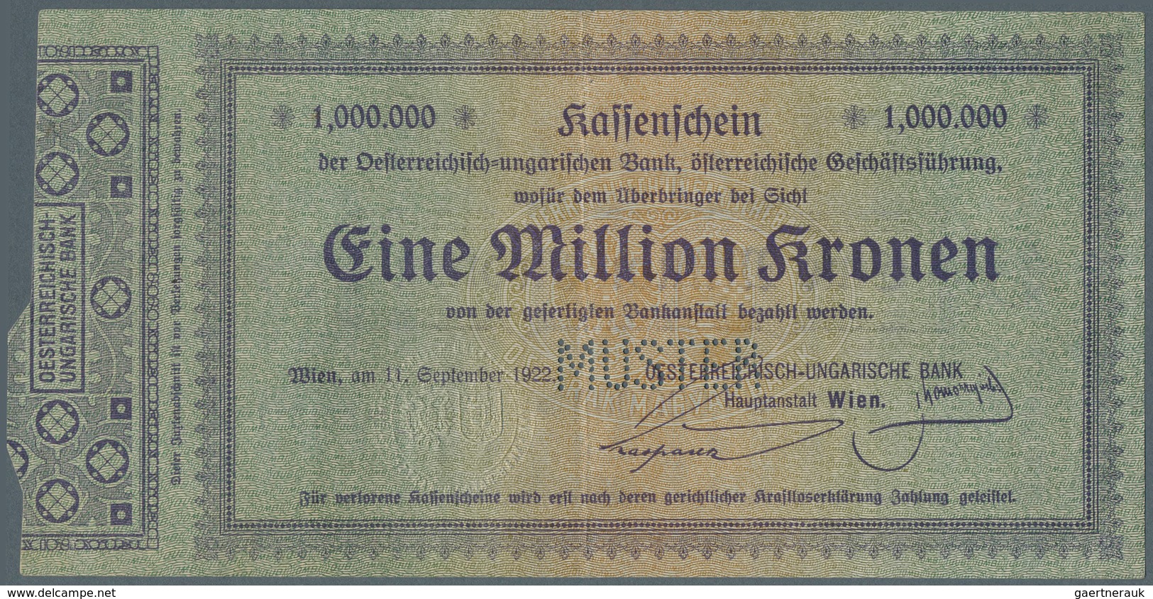 Austria / Österreich: 1.000.000 Kronen 1922 P. 82s With "Muster" Perforation At Center, Highly Rare - Oesterreich