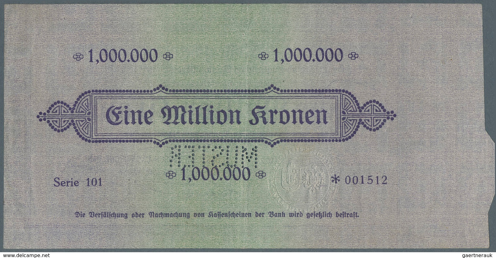 Austria / Österreich: 1.000.000 Kronen 1922 P. 82s With "Muster" Perforation At Center, Highly Rare - Austria