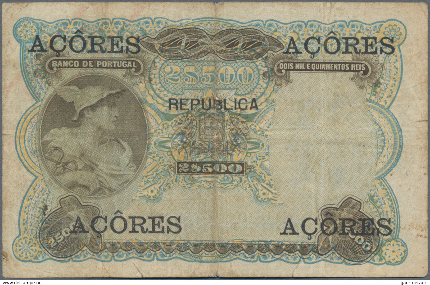 Azores / Azoren: Banco De Portugal With Overprint "AZORES" 2500 Reis 1909, P.8b, Still Nice With Som - Portugal