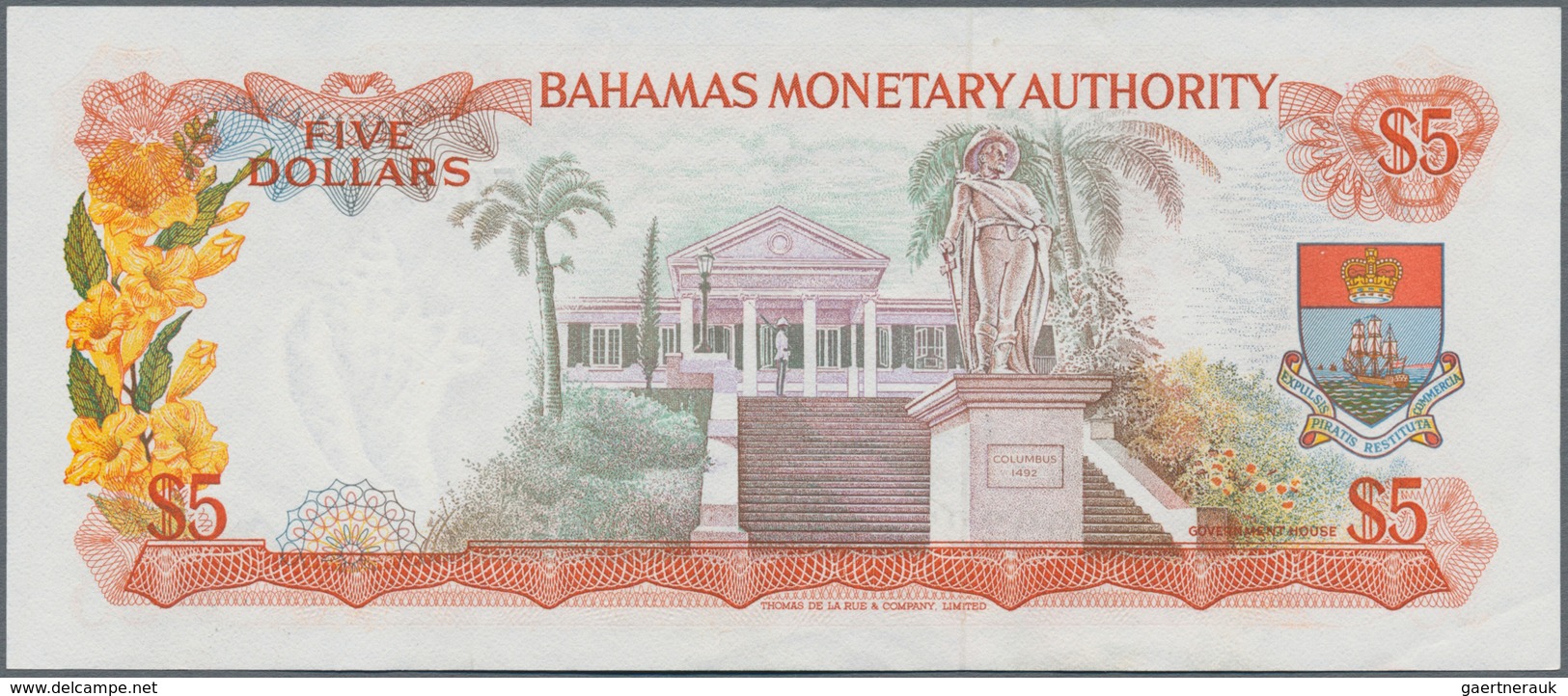 Bahamas: Bahamas Monetary Authority 5 Dollars L.1968, P.29a, Soft Vertical Bend At Center And Tiny D - Bahamas