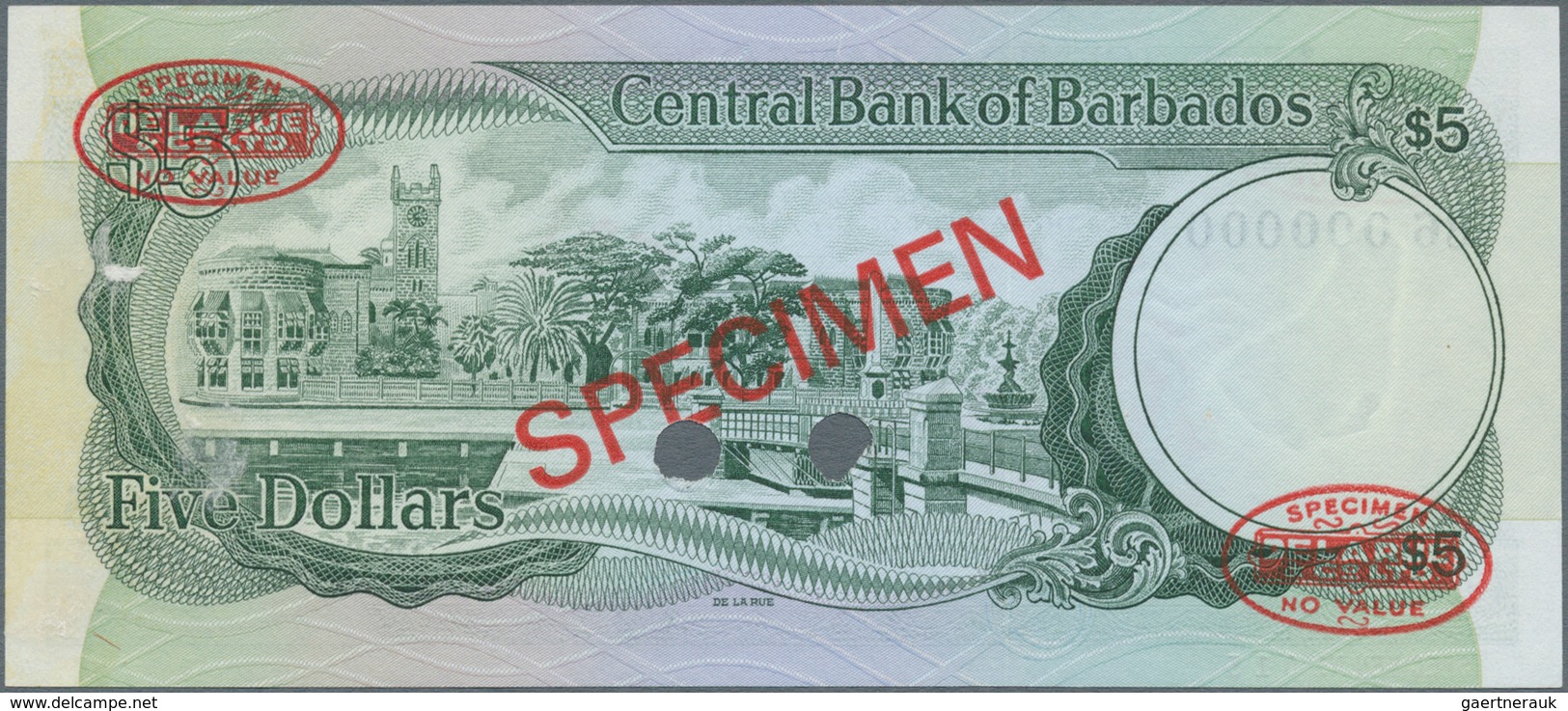 Barbados: 5 Dollars ND Specimen P. 32s, With Zero Serial Numbers And Red Specimen Overprint, Light H - Barbados (Barbuda)