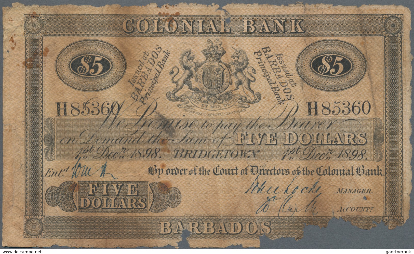 Barbados: The Colonial Bank Of Barbados 5 Dollars 1898, P.S141, Surely One Of Only A Few Pieces Know - Barbados