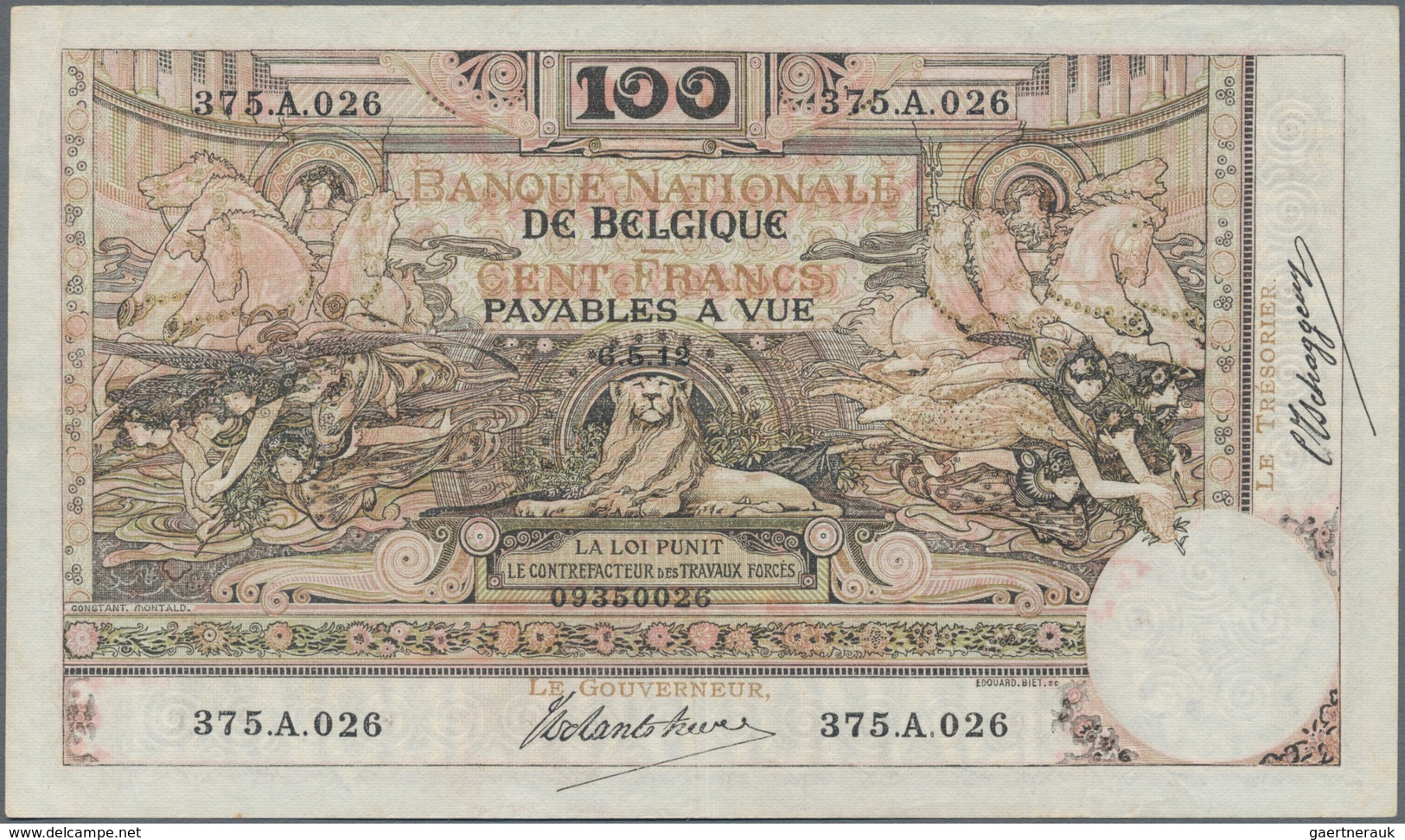 Belgium / Belgien: 100 Francs 1912, P.71, Very Early Date In Great Condition With Crisp Paper, Just - Sonstige & Ohne Zuordnung