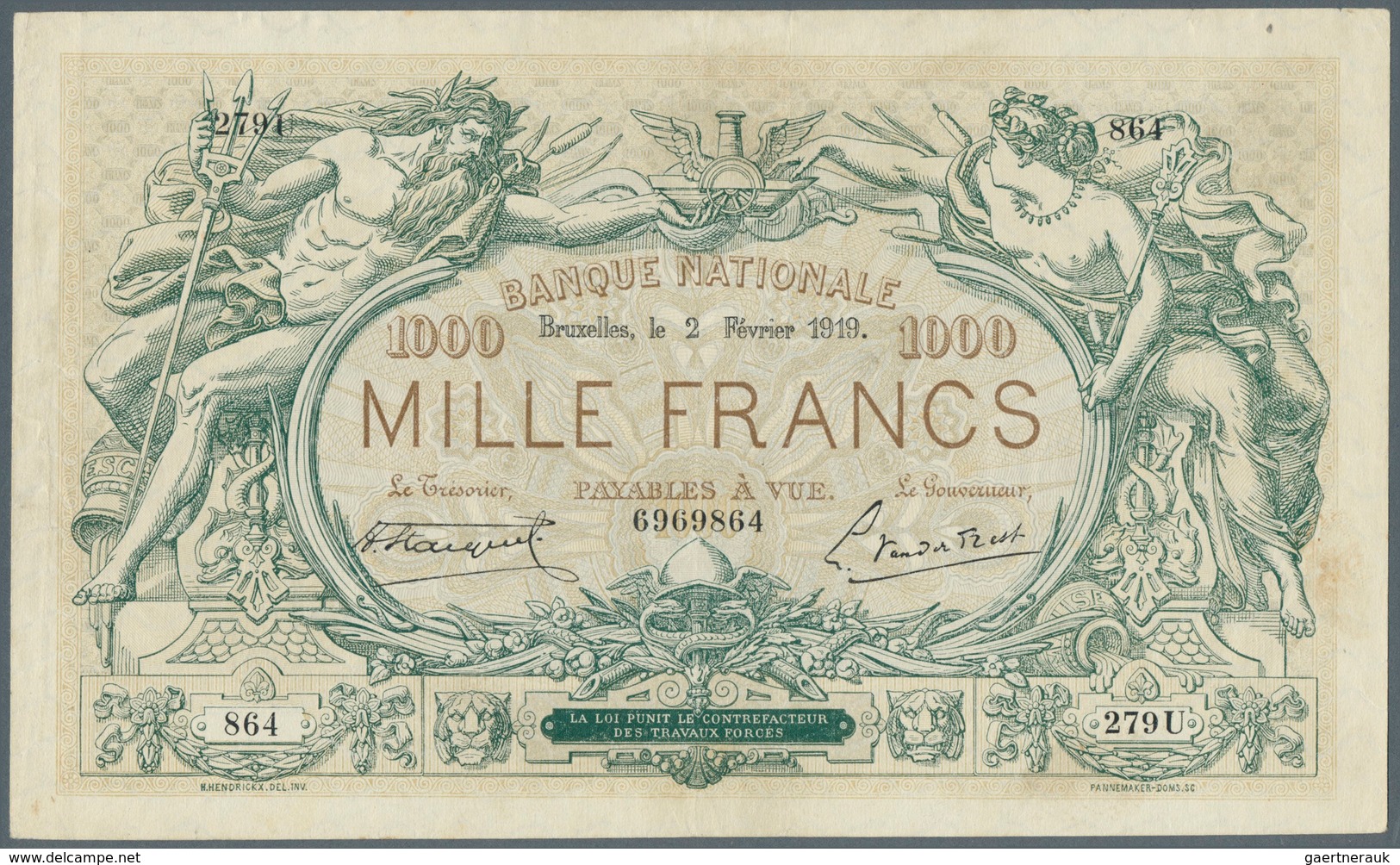Belgium / Belgien: 1000 Francs 1919 P. 73, Rare Note, 2 Center Folds And Light Creases At Borders, A - Sonstige & Ohne Zuordnung