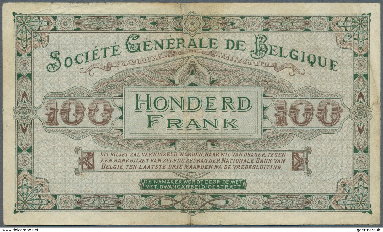 Belgium / Belgien: 100 Francs 1915 P. 90, Rare Note, Center Fold And Handling In Paper, Corner Fold - Sonstige & Ohne Zuordnung