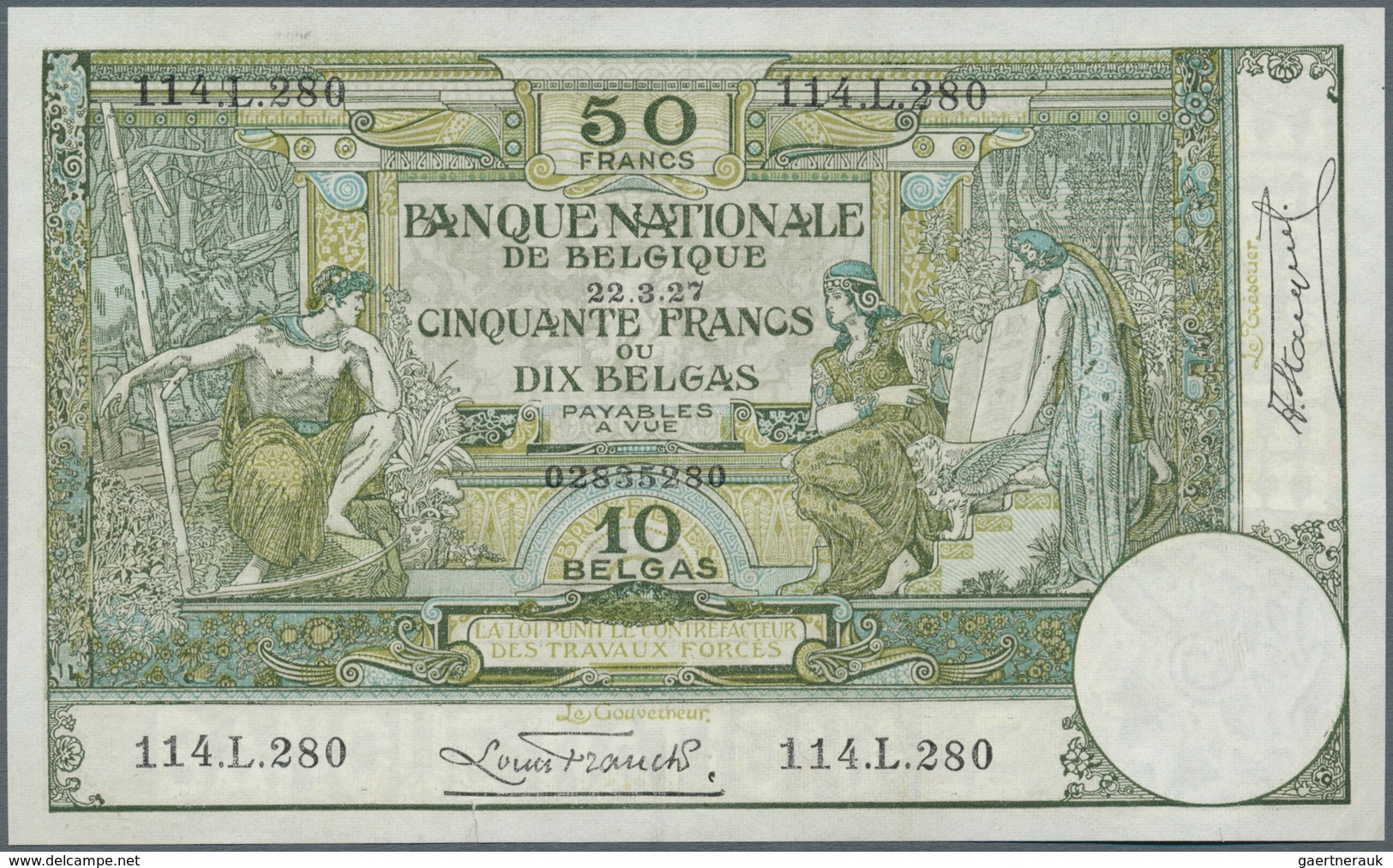 Belgium / Belgien: 50 Francs - 10 Belgas 1927 P. 99, Rare Note, Light Center Fold, Light Corner Fold - Otros & Sin Clasificación