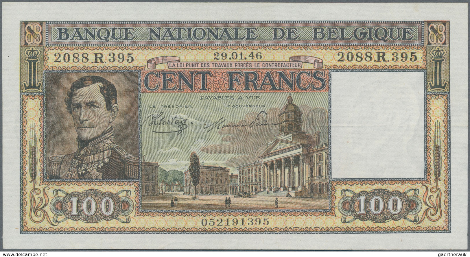 Belgium / Belgien: 500 Francs = 100 Belgas 1943 P.124 Soft Horizontal Fold And A Few Spots And 100 F - Other & Unclassified