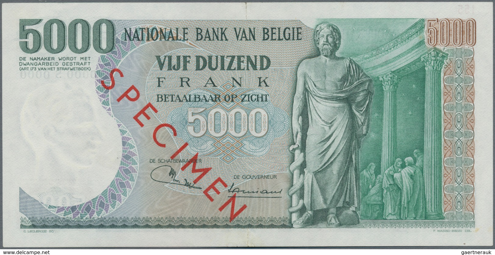 Belgium / Belgien: 5000 Francs 1971-77 SPECIMEN, P.137s, Almost Perfect With One Vertical At Center - Altri & Non Classificati