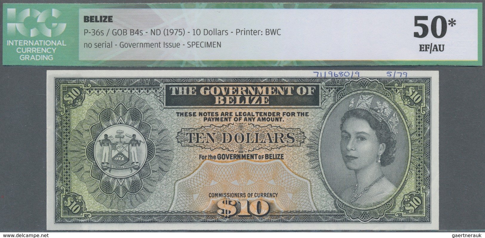 Belize: Government Of Belize 10 Dollars ND(1975) SPECIMEN, P.36s, Printers Annotations At Upper Marg - Belize