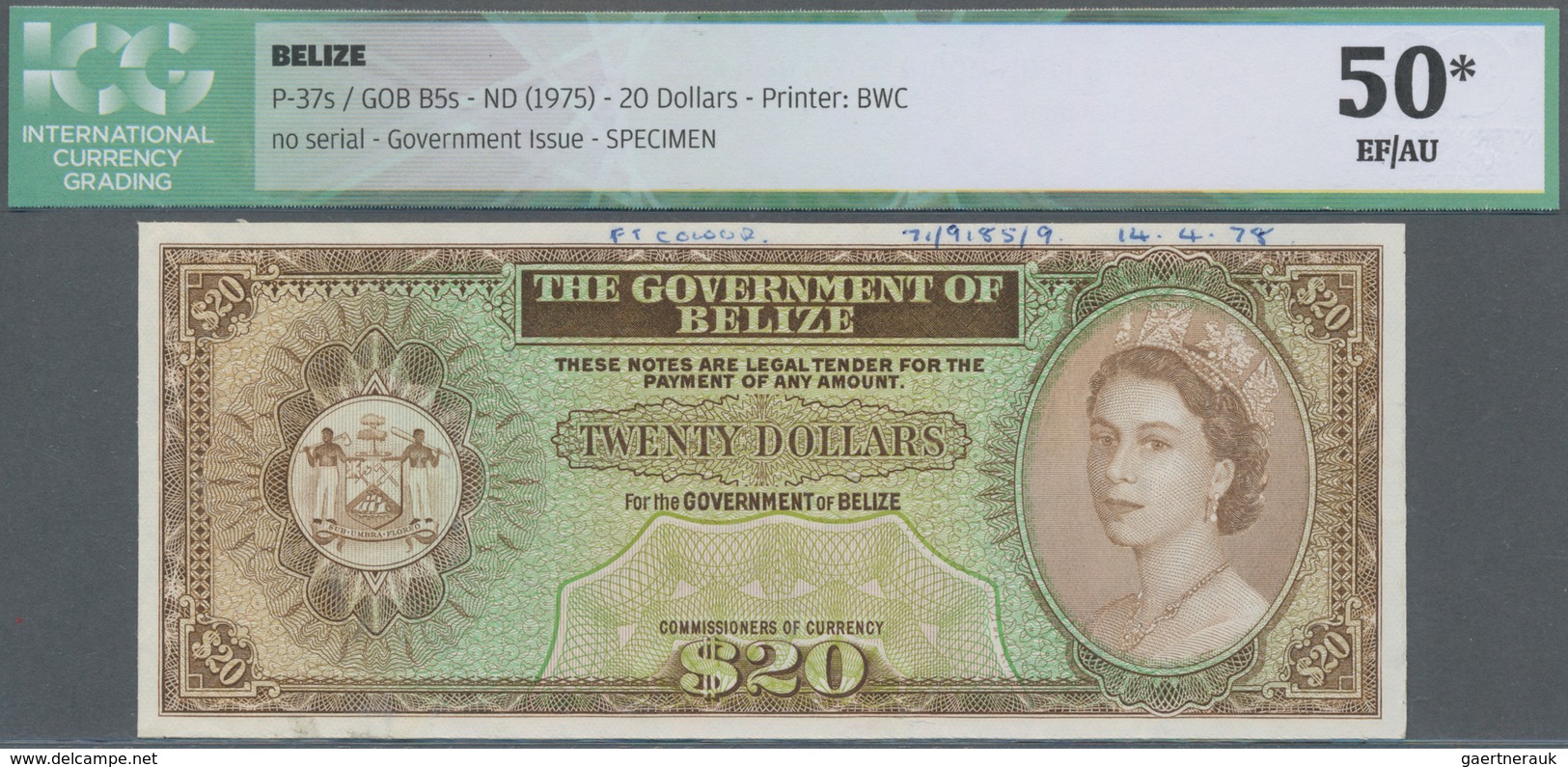 Belize: Government Of Belize 20 Dollars ND(1975) SPECIMEN, P.37s, Printers Annotations At Upper Marg - Belize