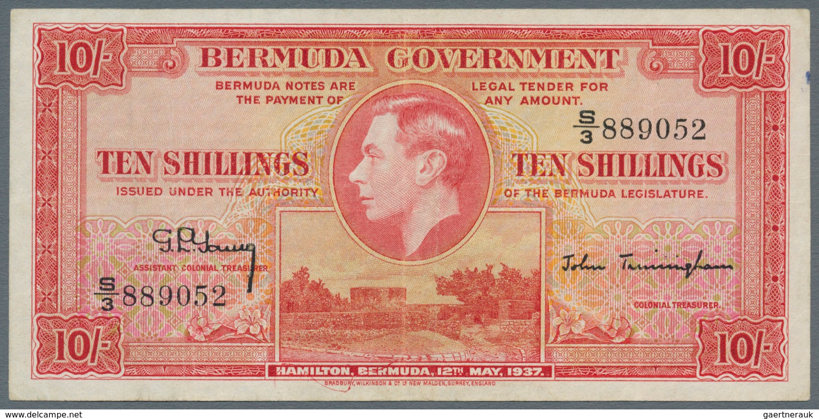 Bermuda: 10 Shillings 1937, Series "S/3", P.10b, Very Nice Note With Lightly Toned Paper, Tiny Spot - Bermudas