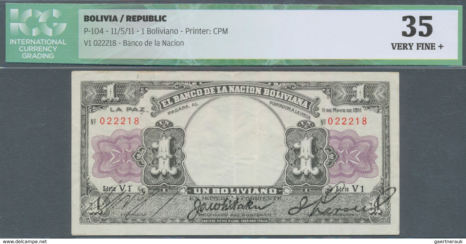 Bolivia / Bolivien: 1 Boliviano 1911 P. 104, In Condition: ICG Graded 35 VF+. - Bolivien