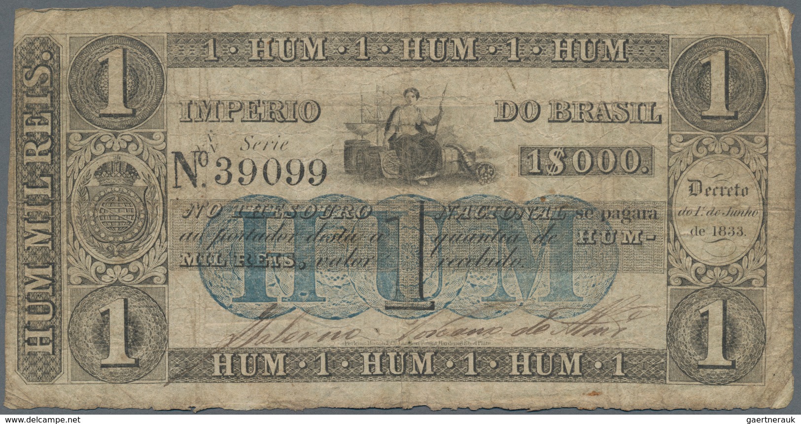 Brazil / Brasilien: Thesouro Nacional 1 Mil Reis 1833, P.A219, Rare Banknote Without Larger Damages, - Brazil