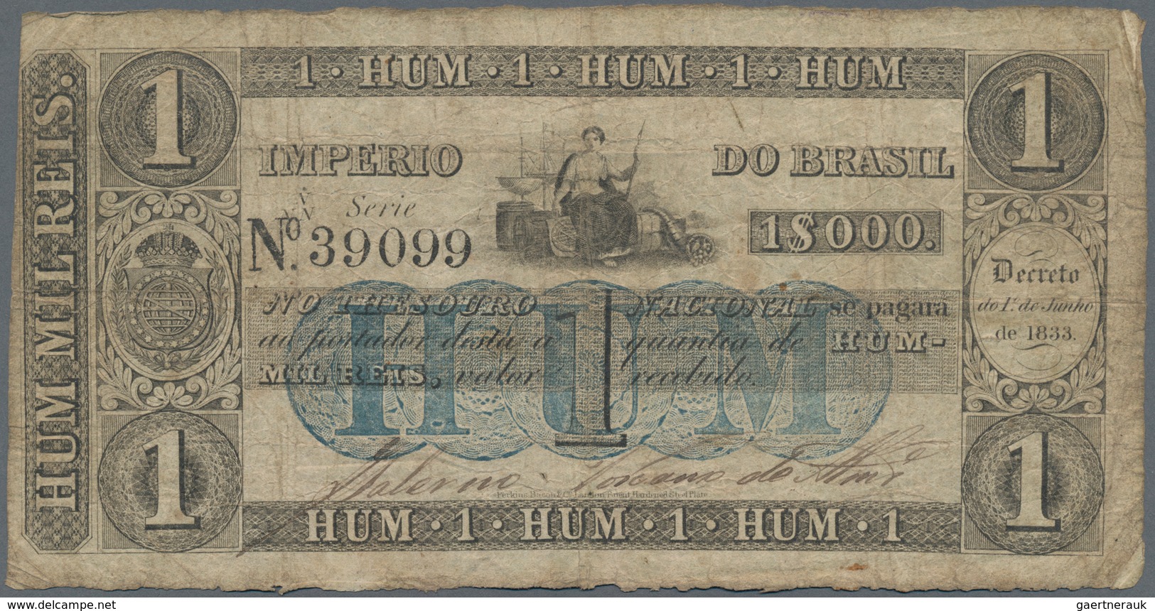 Brazil / Brasilien: Thesouro Nacional 1 Mil Reis 1833, P.A219, Rare Banknote Without Larger Damages, - Brasilien