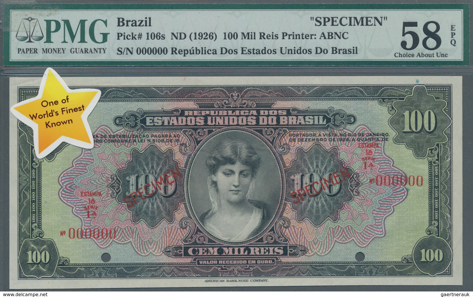 Brazil / Brasilien: Estados Unidos Do Brasil 100 Mil Reis ND(1926) SPECIMEN, P.106s, Tiny Dint At Up - Brasilien