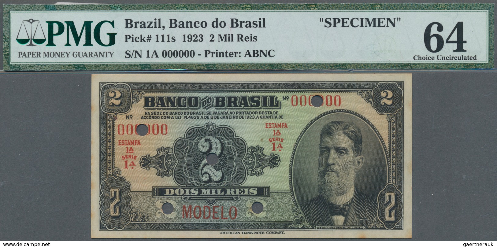 Brazil / Brasilien: Banco Do Brasil 2 Mil Reis 1923 SPECIMEN, P.111s, Lightly Stained Paper, PMG Gra - Brazil