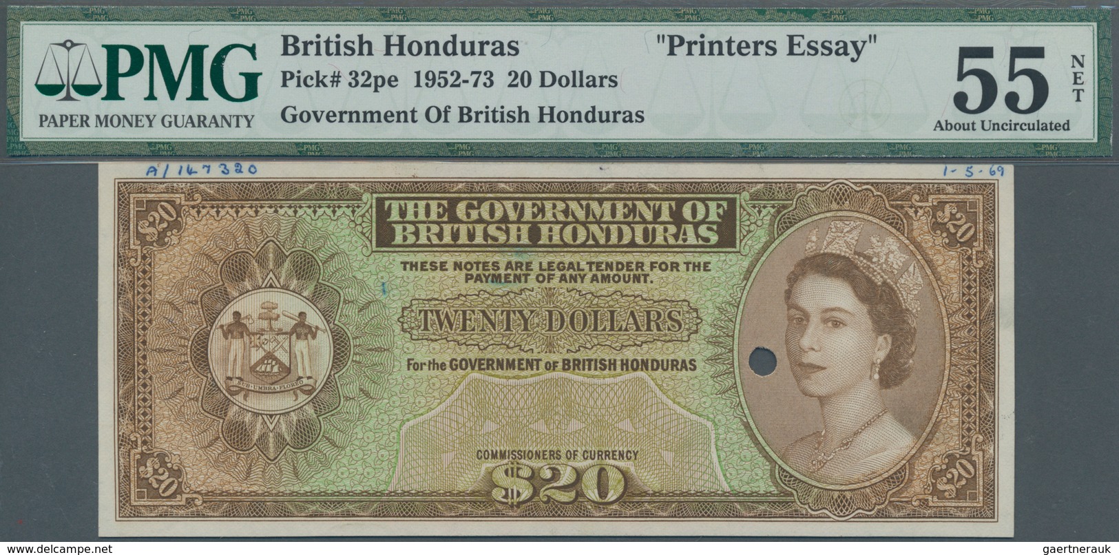 British Honduras: Government Of British Honduras 20 Dollars 1952-73 Printers Essay, P.32pe, Some Ann - Honduras