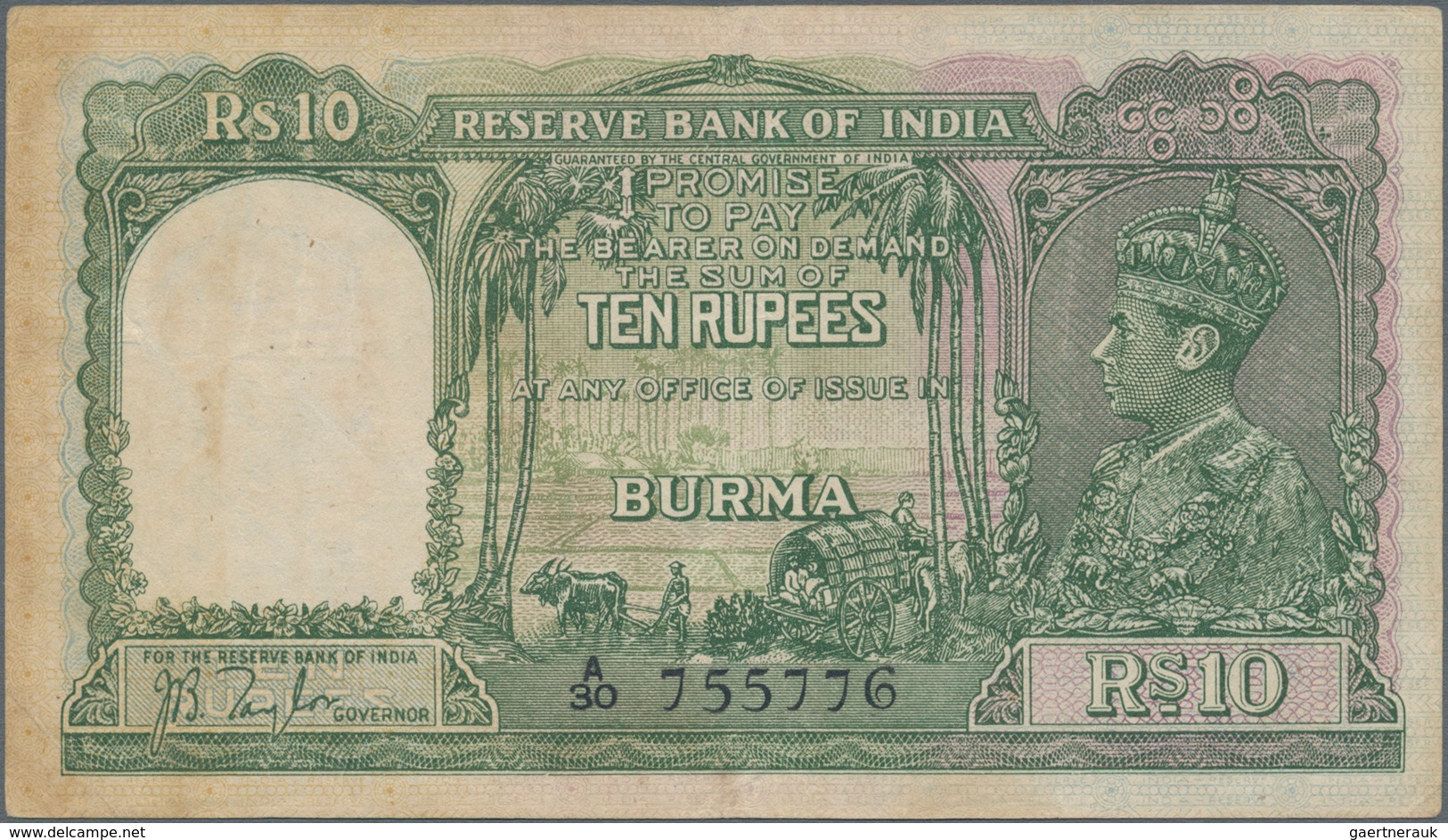 Burma / Myanmar / Birma: 10 Rupees ND Portrait KGIV P. 5 In Lightly Used Condition With Light Folds - Myanmar