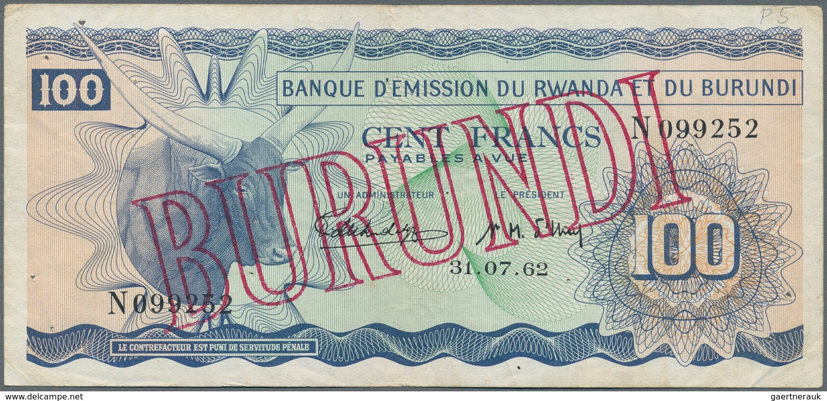 Burundi: Banque D'Émission Du Rwanda Et Du Burundi (Banque Du Royaume Du Burundi) 100 Francs July 31 - Burundi