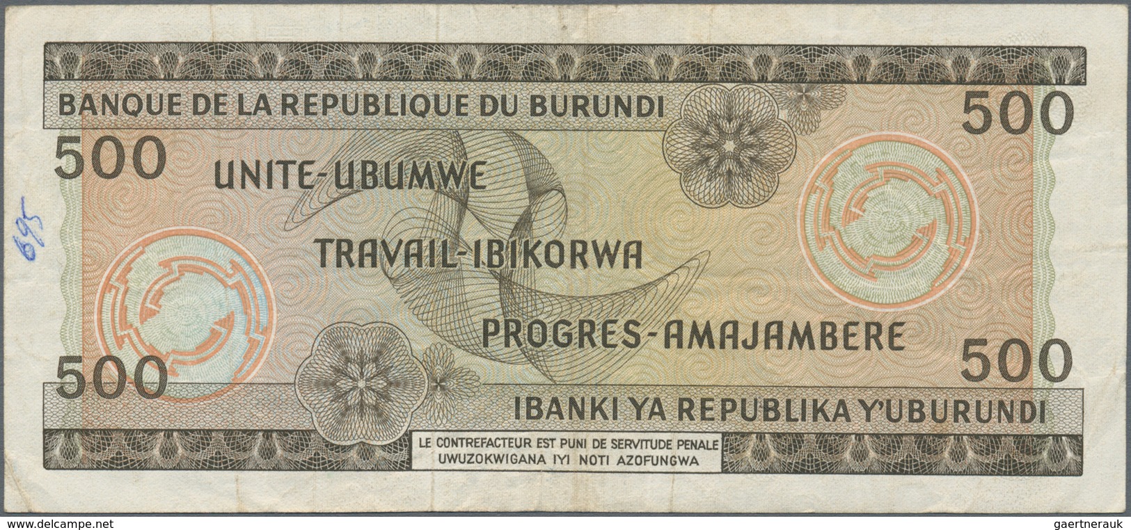 Burundi: Banque De La République Du Burundi 500 Francs 1968, P.24a, Small Graffiti On Back, Some Fol - Burundi